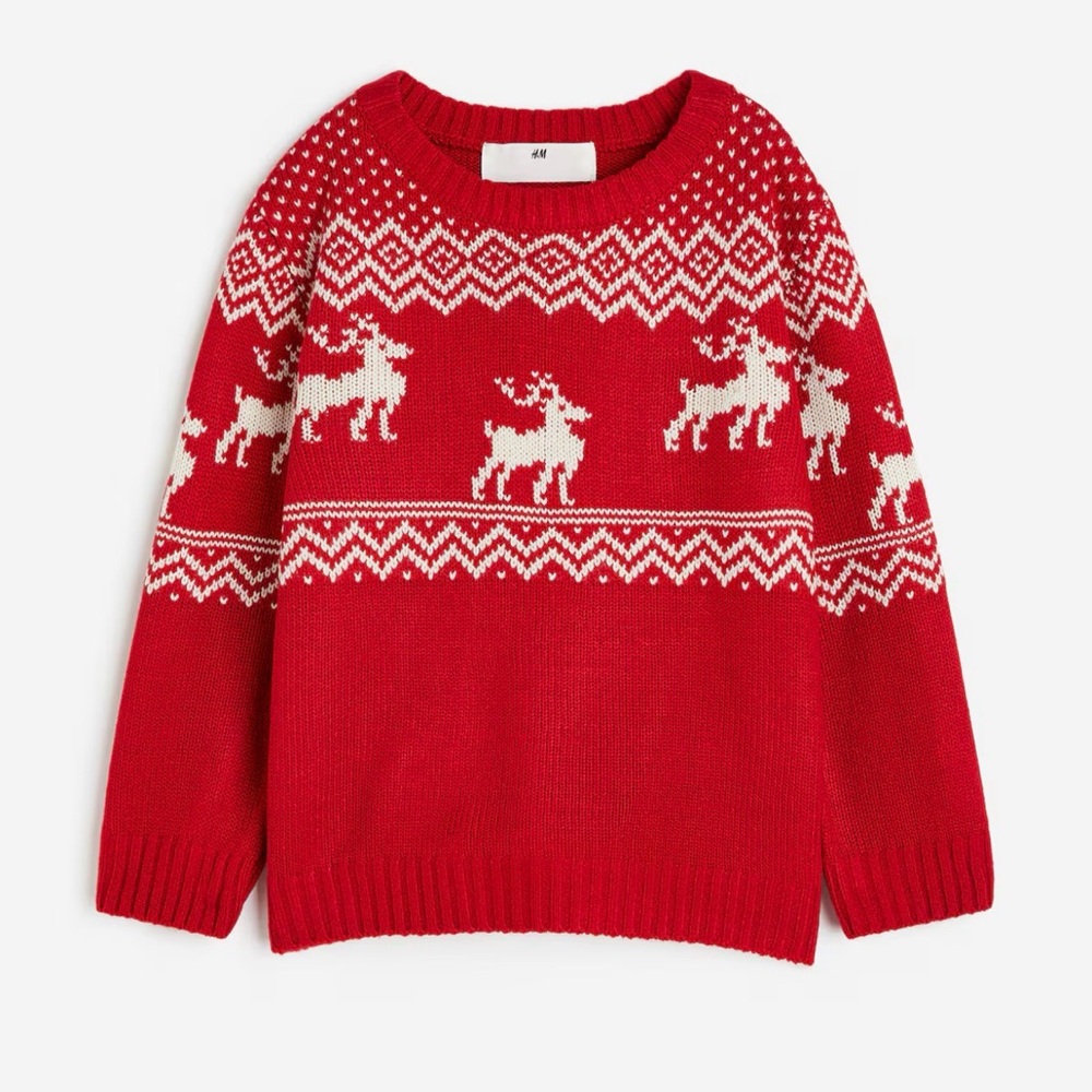 H&M Christmas Red Reindeer Pattern Knit Sweater Size 8-10